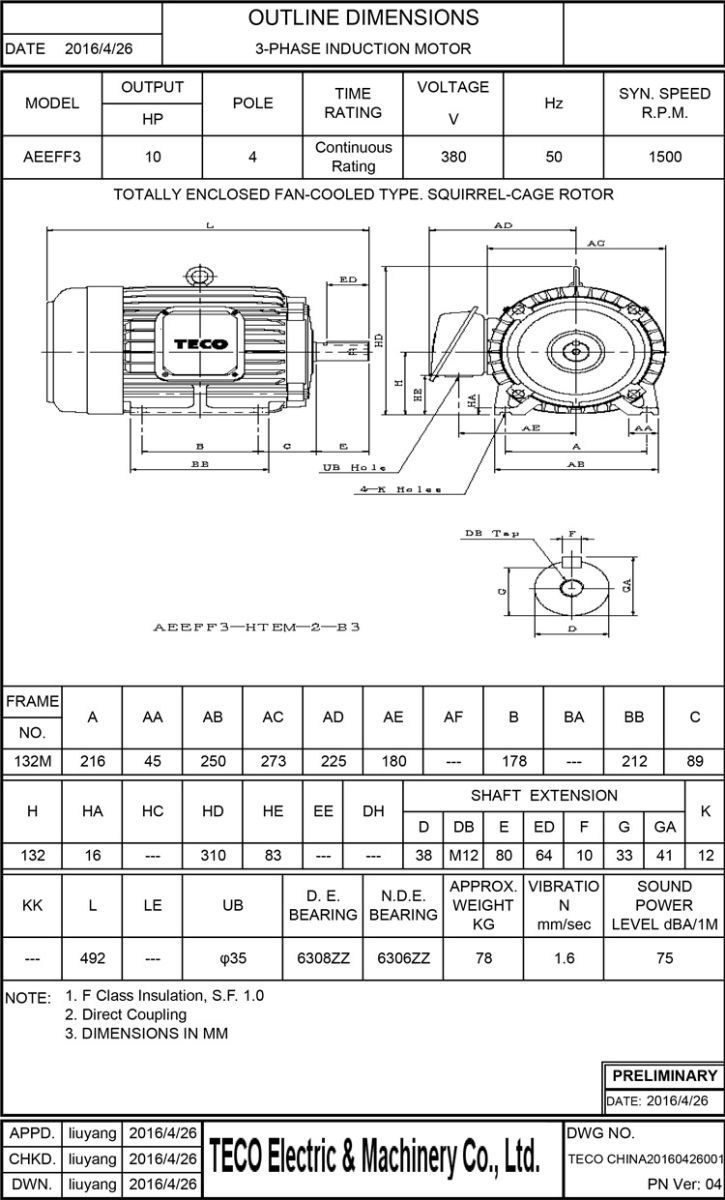 東元電機AEEF 7.5KW 4P圖紙