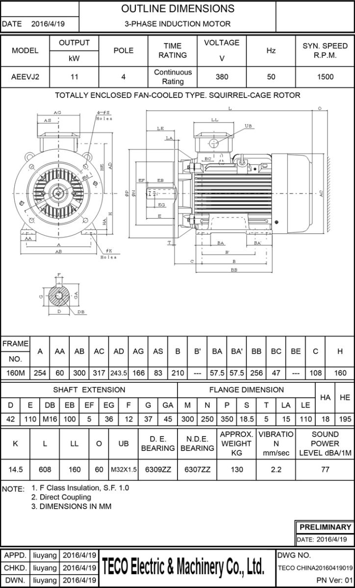 東元11KW 4P 臥式節(jié)能電機(jī)尺寸圖